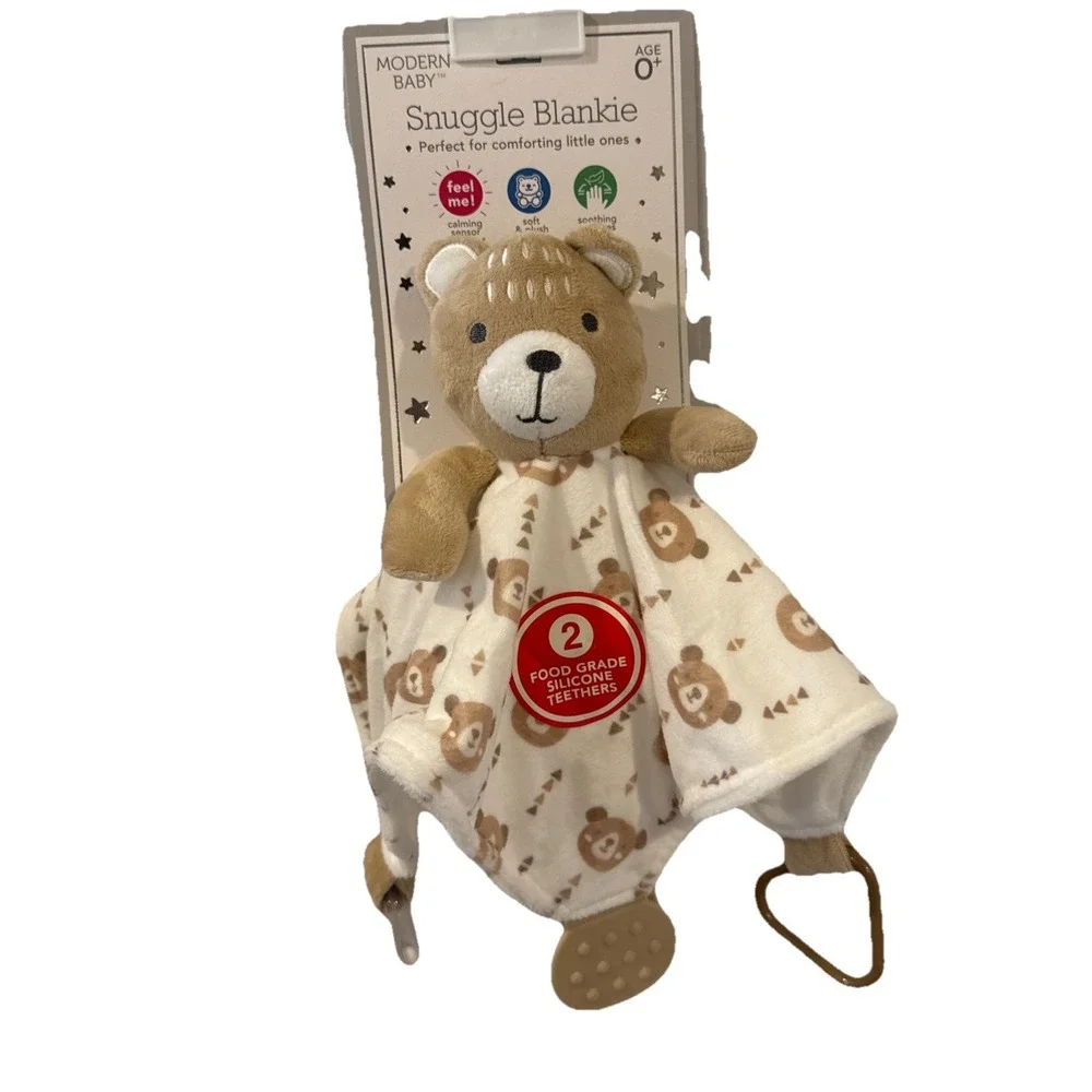 Modern Baby White/Tan Teddy Bear Lovey Rattle Infant Plush Security Blanket NWT